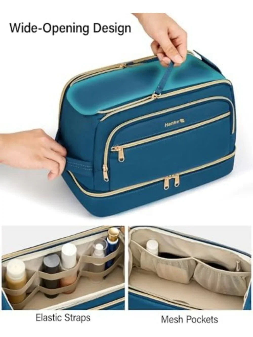 Water-Resistant Dual-Layer Travel Toiletry & Makeup Bag - Wide Open Design